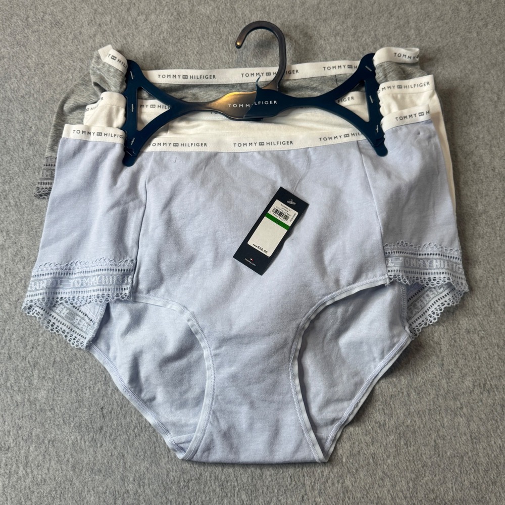 Tommy Hilfiger 3 Pack High Waist Lace Trim Briefs Blue White Underwear New Large